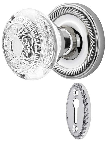 Rope Rosette Mortise-Lock Set with Egg and Dart Crystal-Glass Knobs in Polished Chrome.